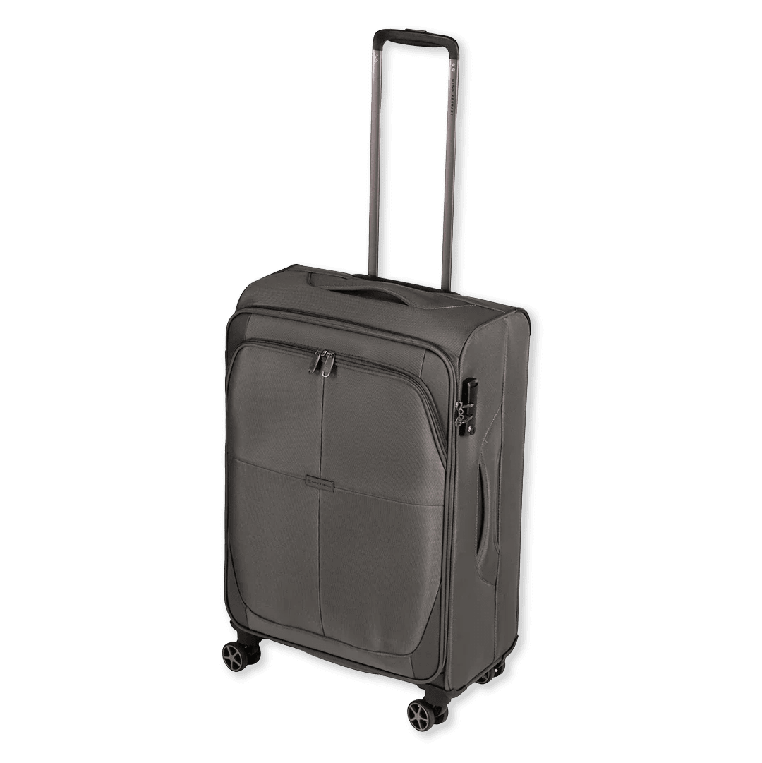 Gray suitcase with wheels on a white background