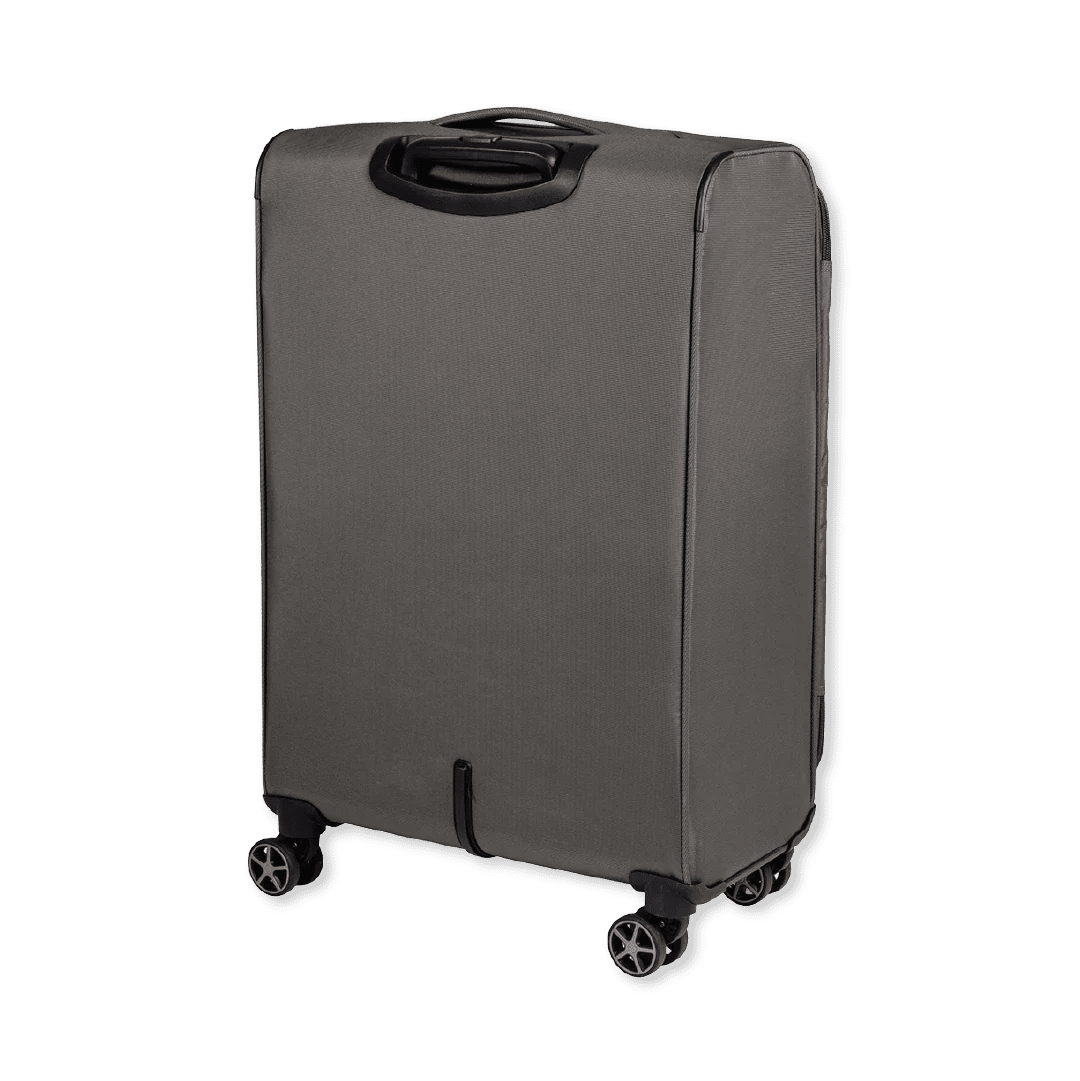 Green suitcase with wheels on a white background