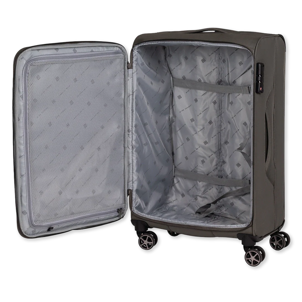 Open green suitcase with wheels on a white background