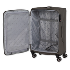 Open green suitcase with wheels on a white background