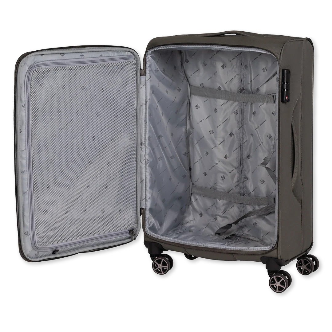 Open green suitcase with wheels on a white background