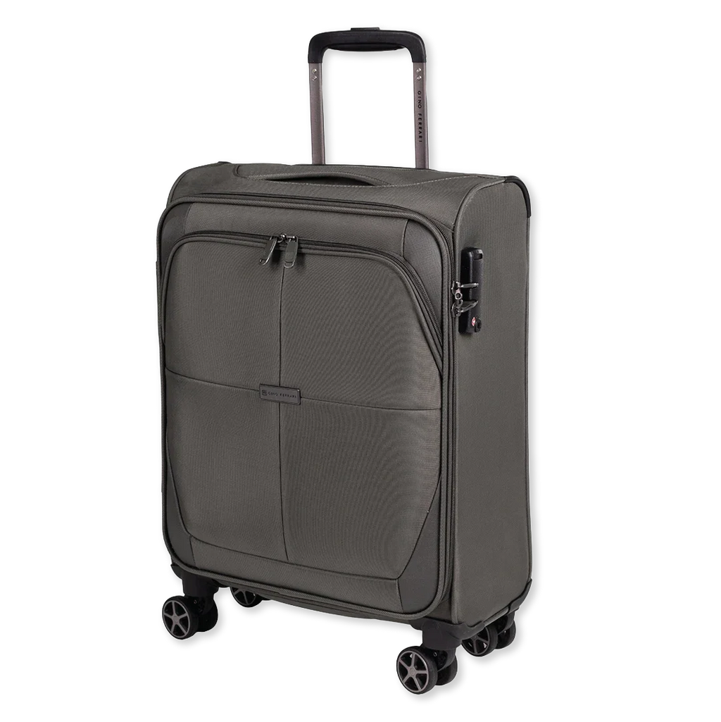 Gray suitcase with wheels on a white background