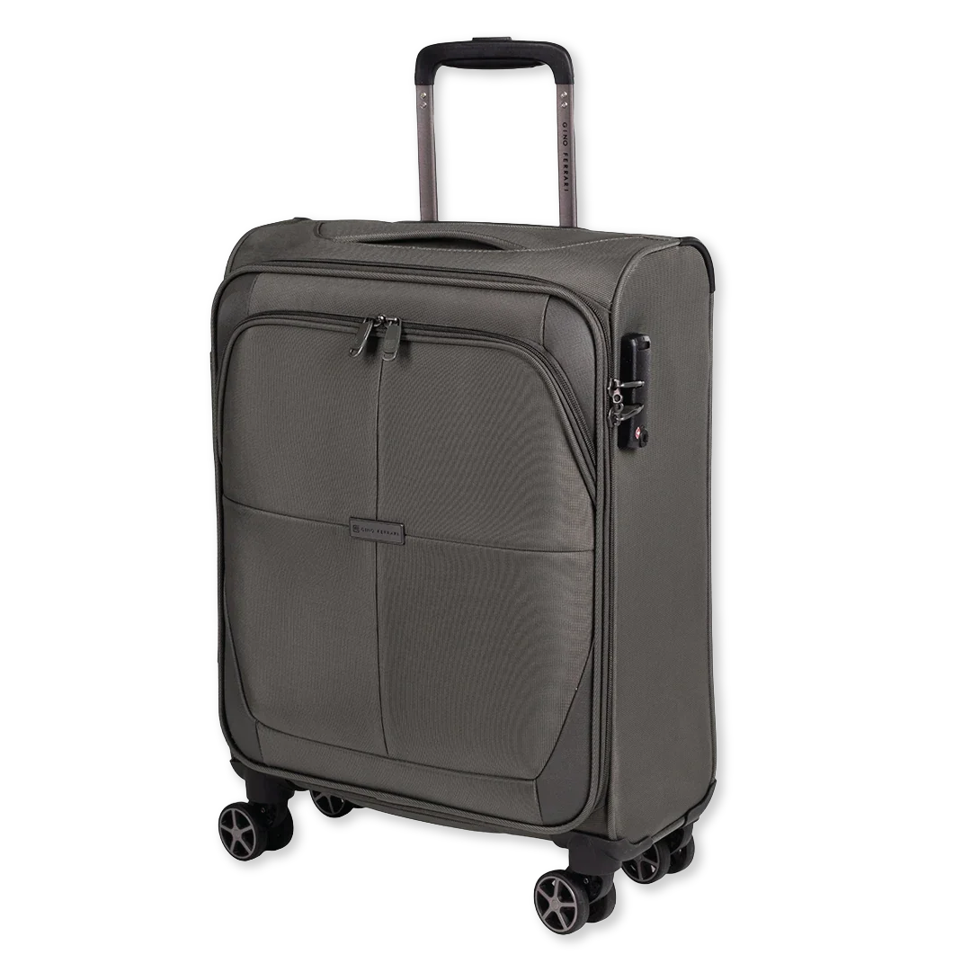 Gray suitcase with wheels on a white background