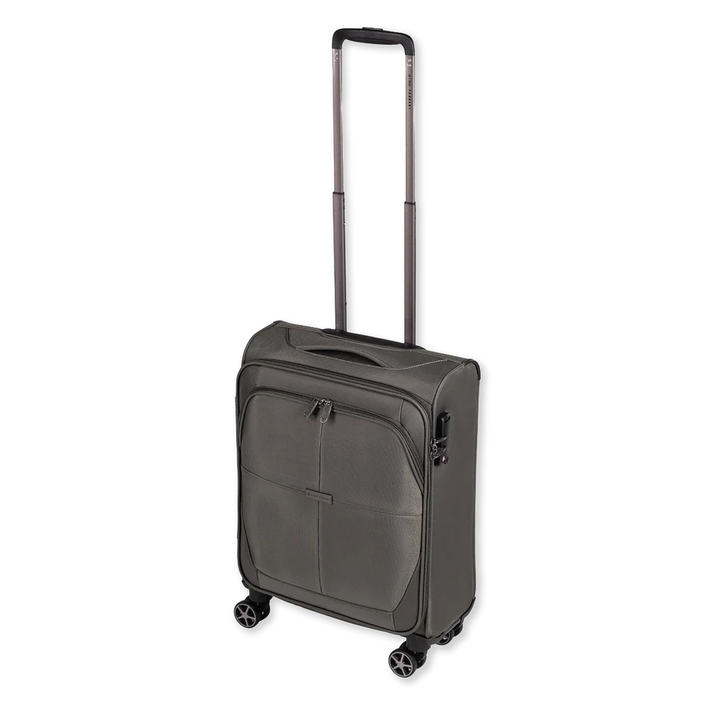 Gray suitcase with wheels and handle on a white background