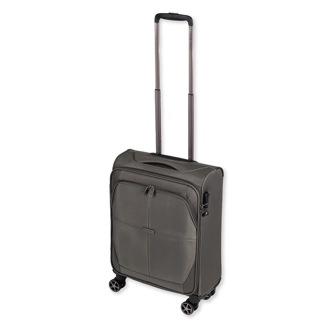 Gray suitcase with wheels and handle on a white background