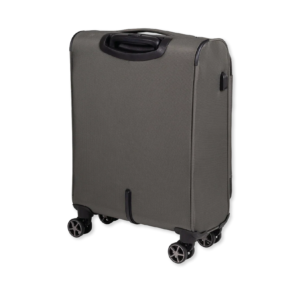 Green suitcase with wheels on a white background