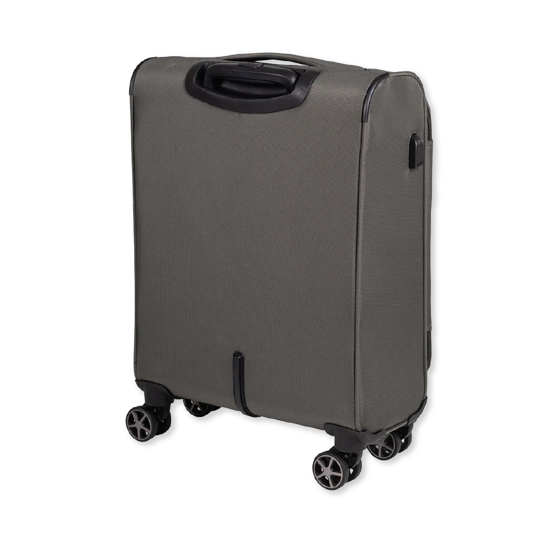 Green suitcase with wheels on a white background