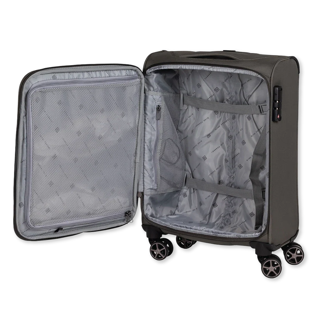 Green suitcase with open lid on a white background