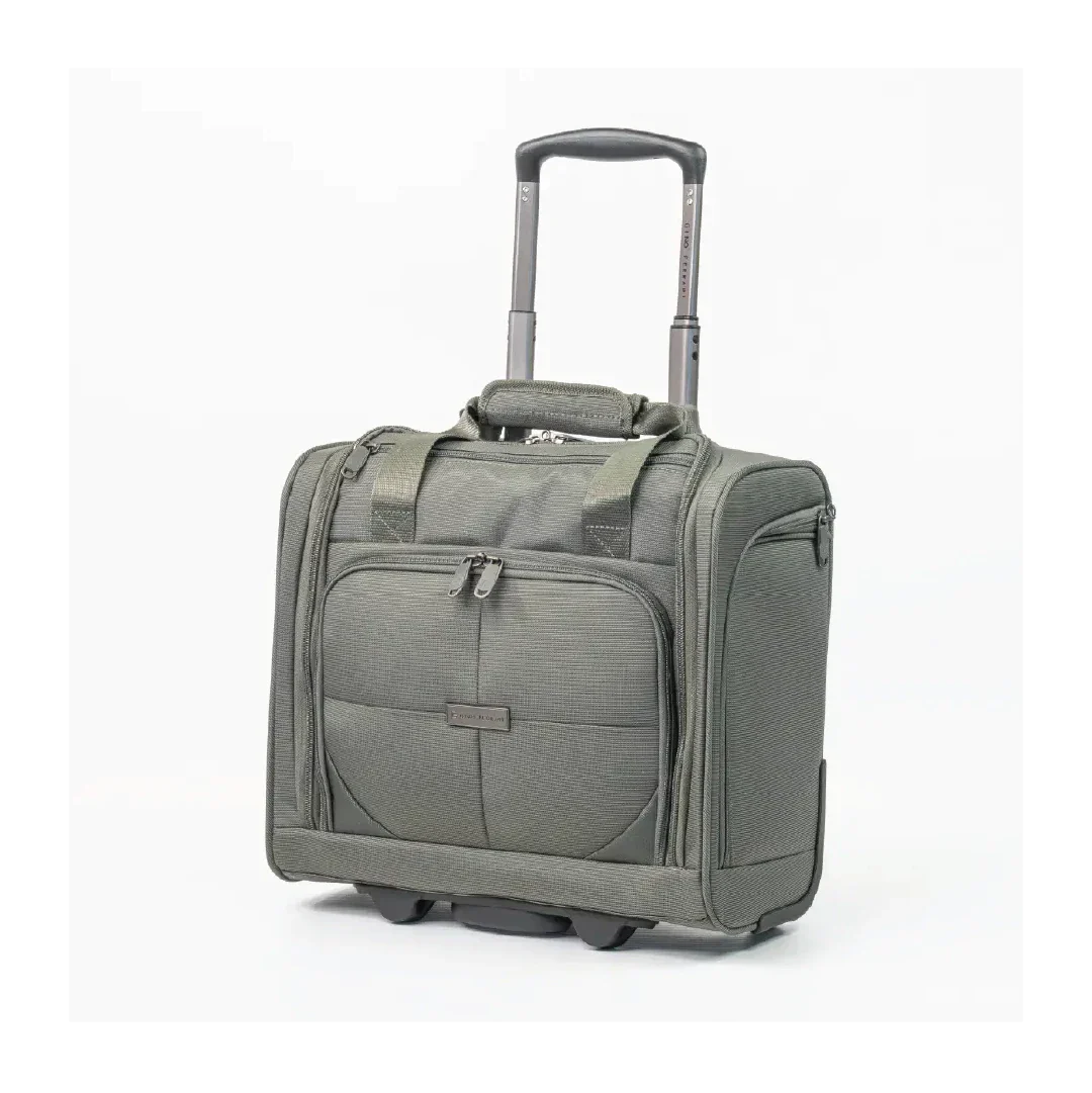 Gray rolling suitcase on a white background