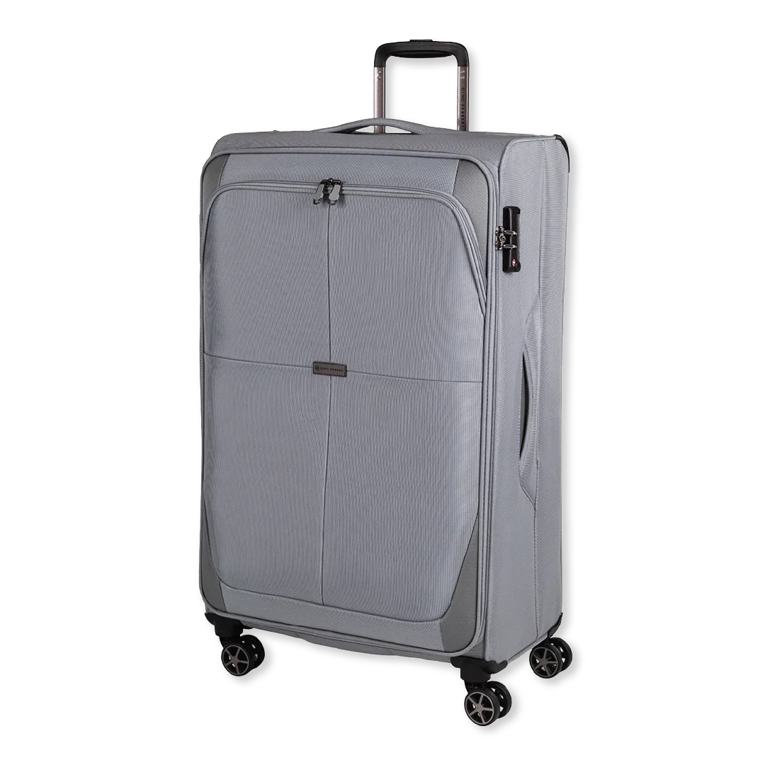 Gray suitcase with wheels on a white background
