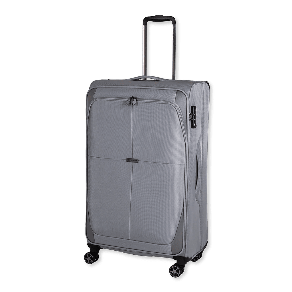 Gray suitcase with wheels on a white background