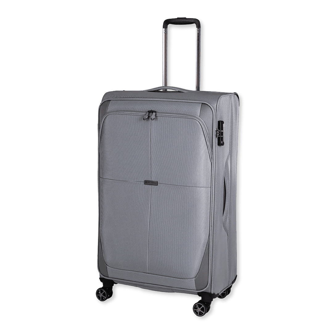 Gray suitcase with wheels on a white background