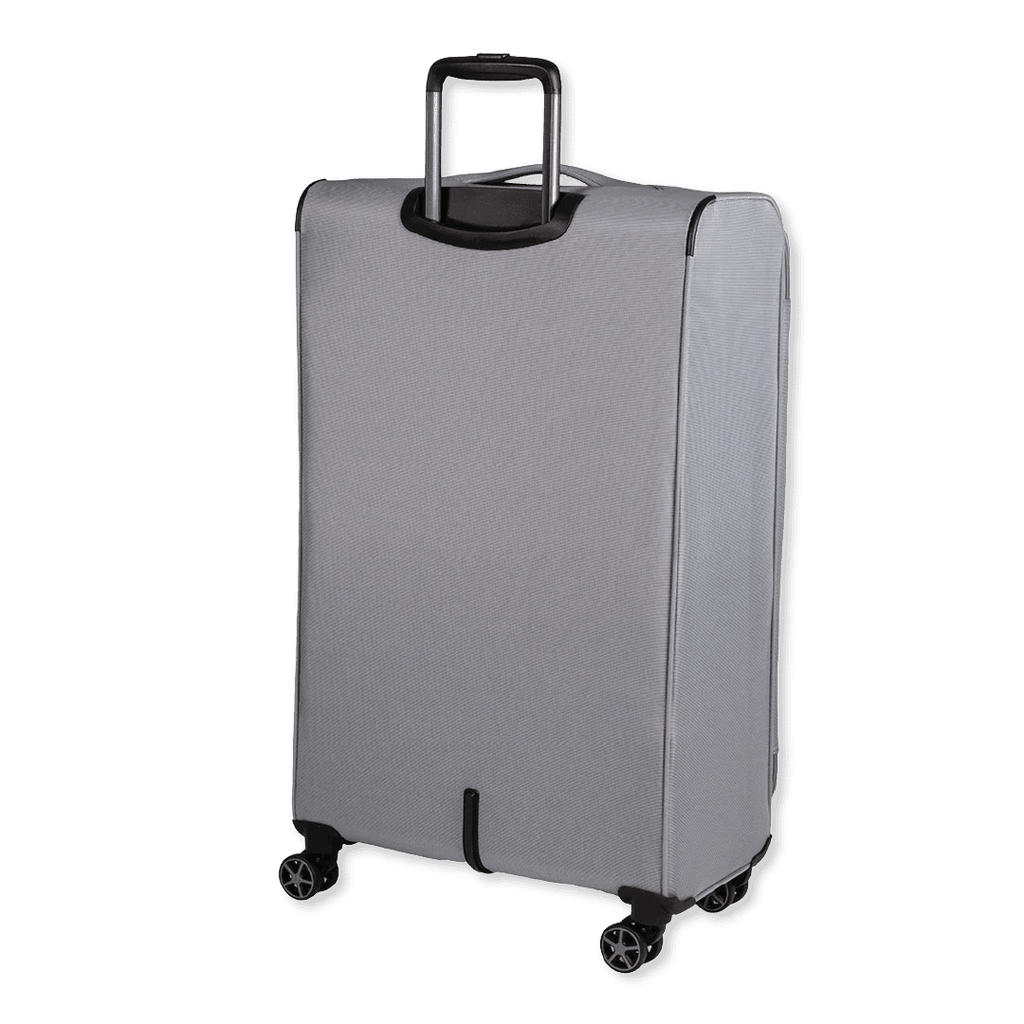 Grey suitcase with a handle on a white background