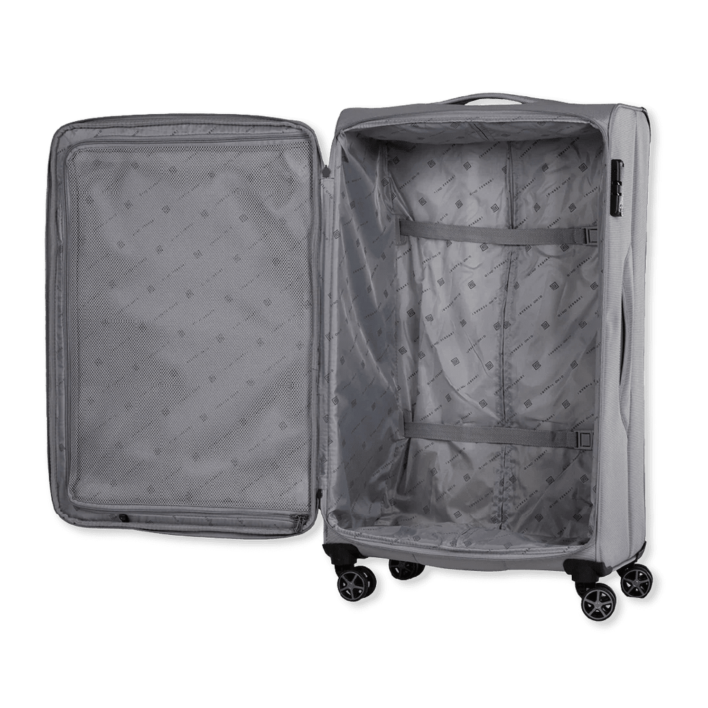Open gray suitcase with wheels on a white background