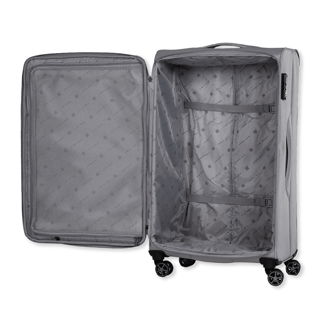 Open gray suitcase with wheels on a white background