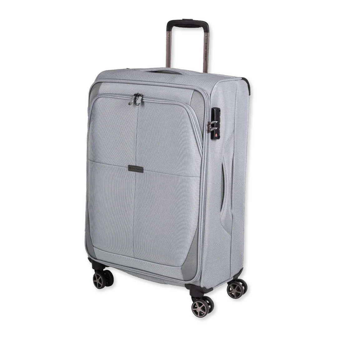 Gray suitcase with wheels on a white background