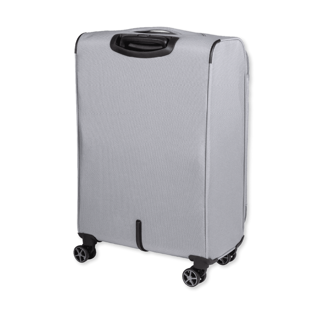 Gray suitcase with black wheels and handle on a white background