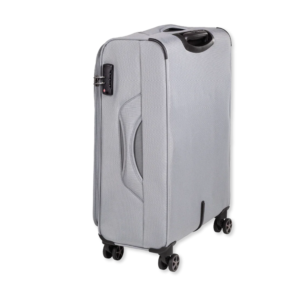 Gray suitcase with wheels on a white background