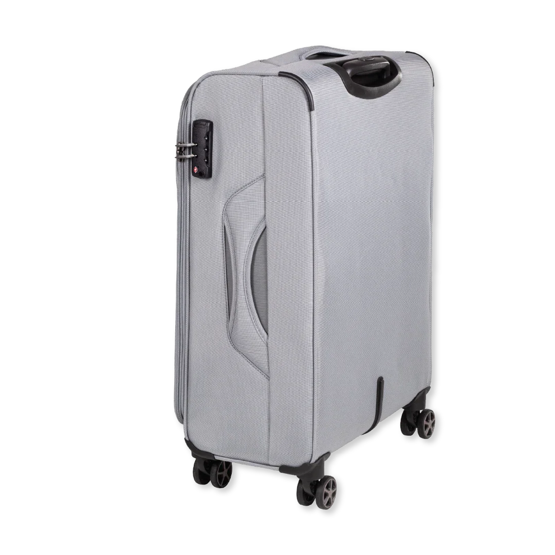 Gray suitcase with wheels on a white background