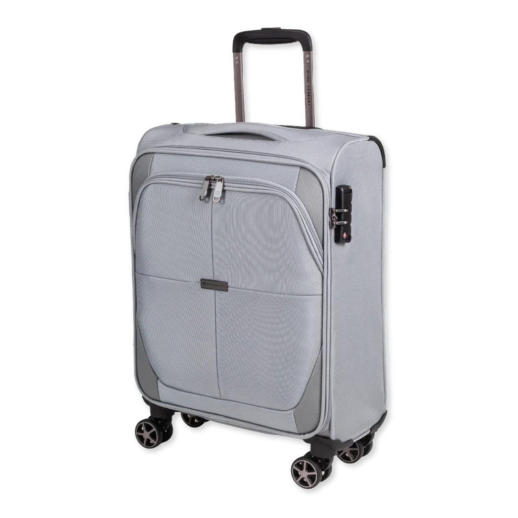 Silver suitcase with wheels and a handle on a white background