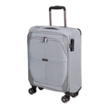 Silver suitcase with wheels and a handle on a white background