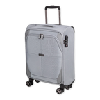 Silver suitcase with wheels and a handle on a white background