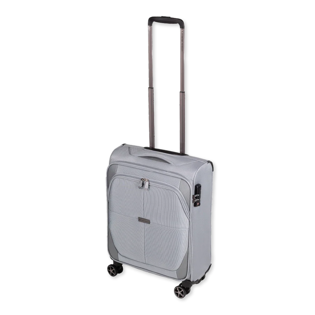 Grey suitcase with wheel and handle on a white background