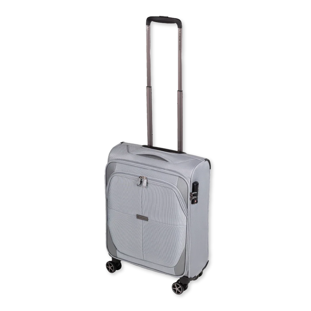 Grey suitcase with wheel and handle on a white background