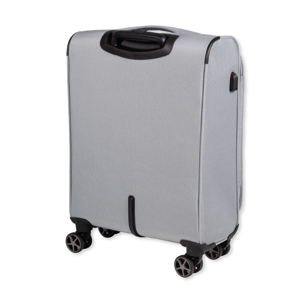 Silver suitcase with black wheels and handle on a white background