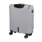 Silver suitcase with black wheels and handle on a white background