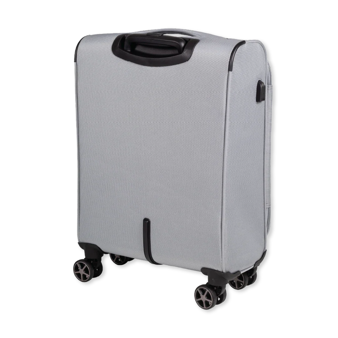 Silver suitcase with black wheels and handle on a white background