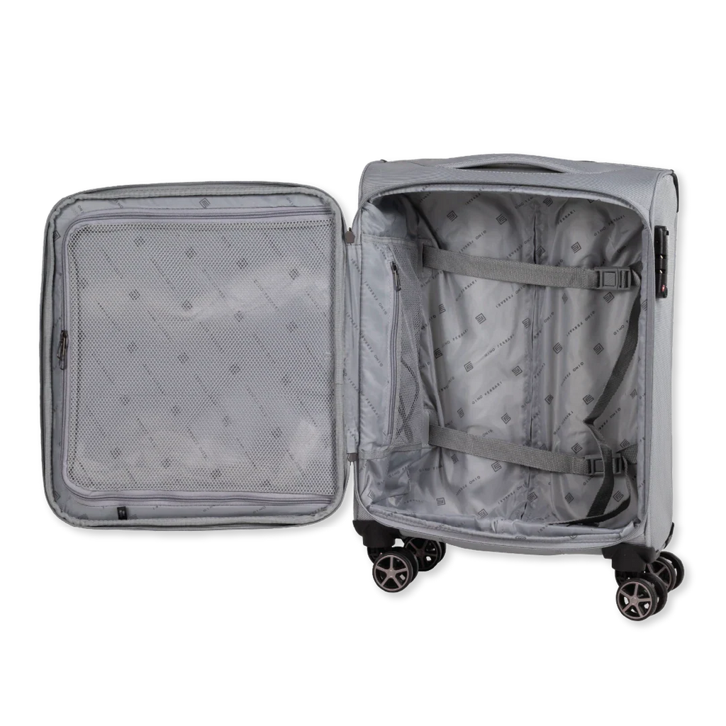 Open silver suitcase on a white background 