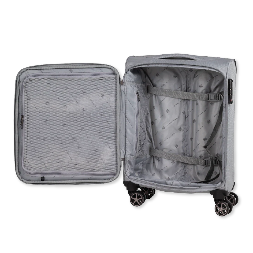 Open silver suitcase on a white background 