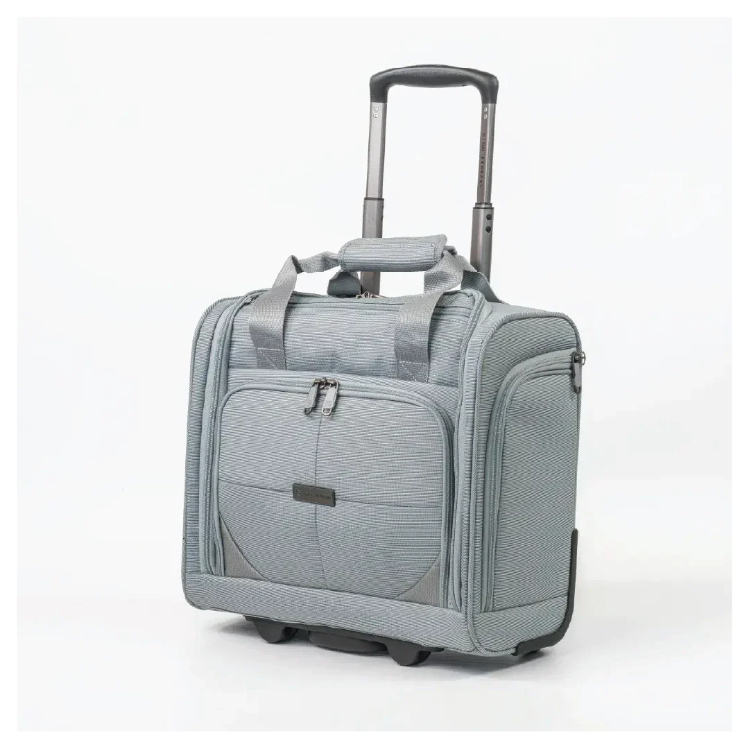 Gray rolling suitcase on a white background