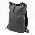 Black roll-top backpack on a white background