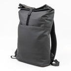 Black roll-top backpack on a white background