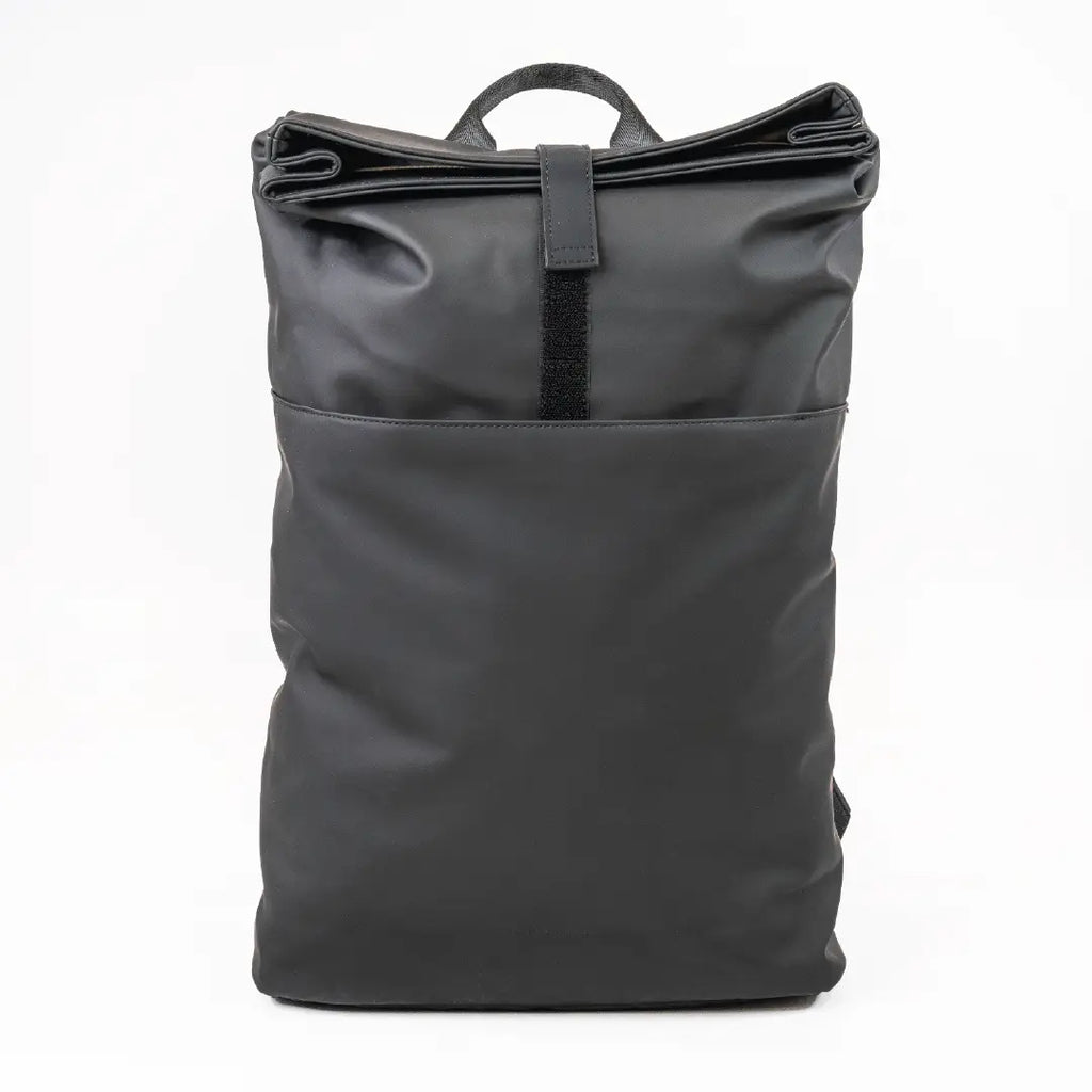 Black roll-top backpack on a white background