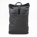 Black roll-top backpack on a white background