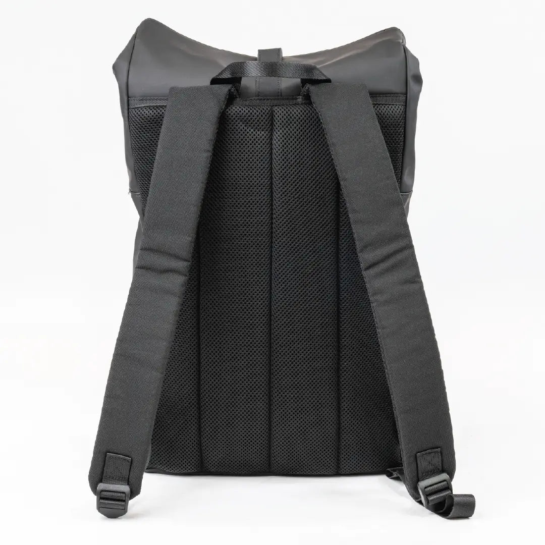 Back view of a black backpack on a white background