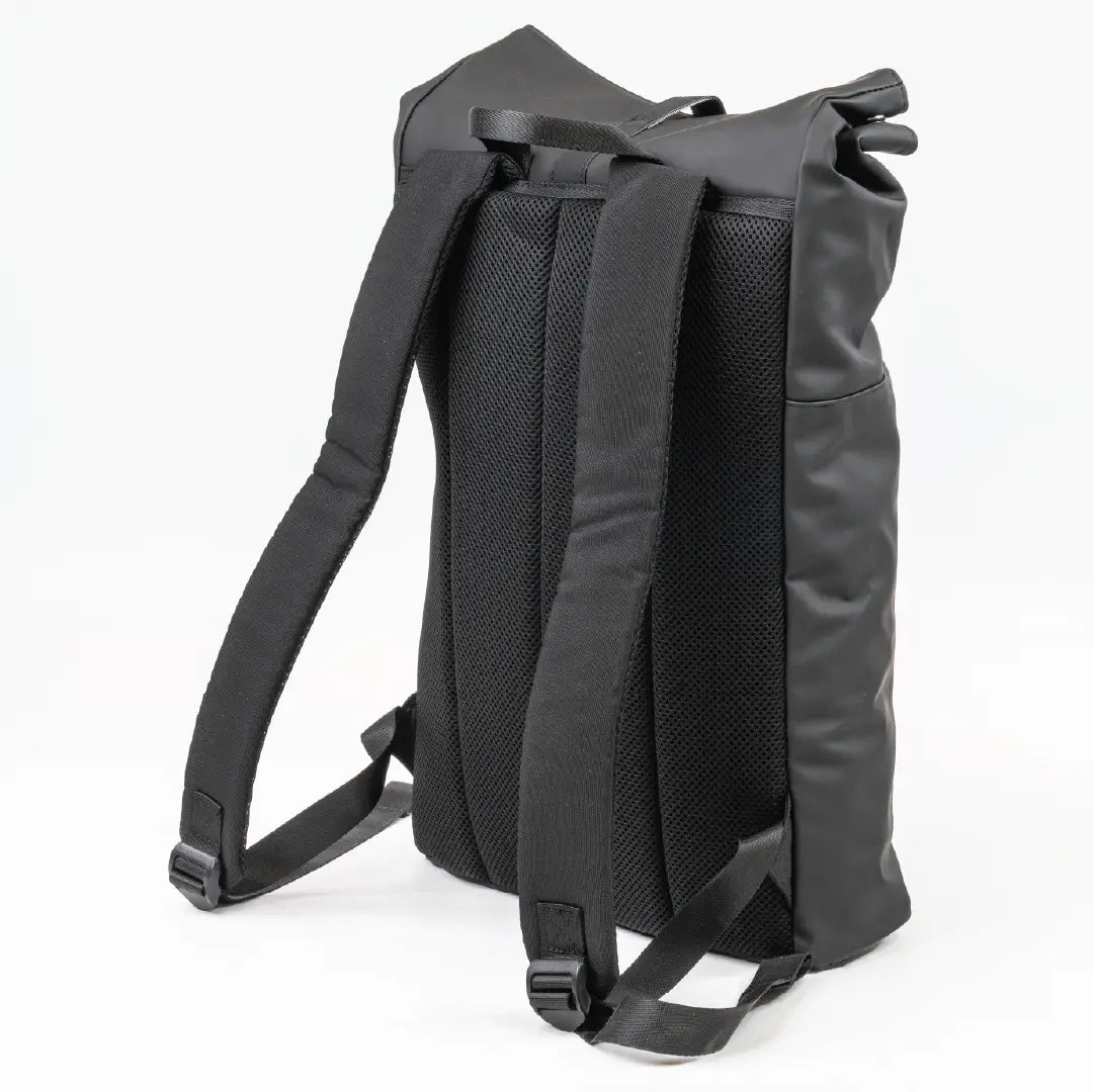 Black roll-top backpack on a white background