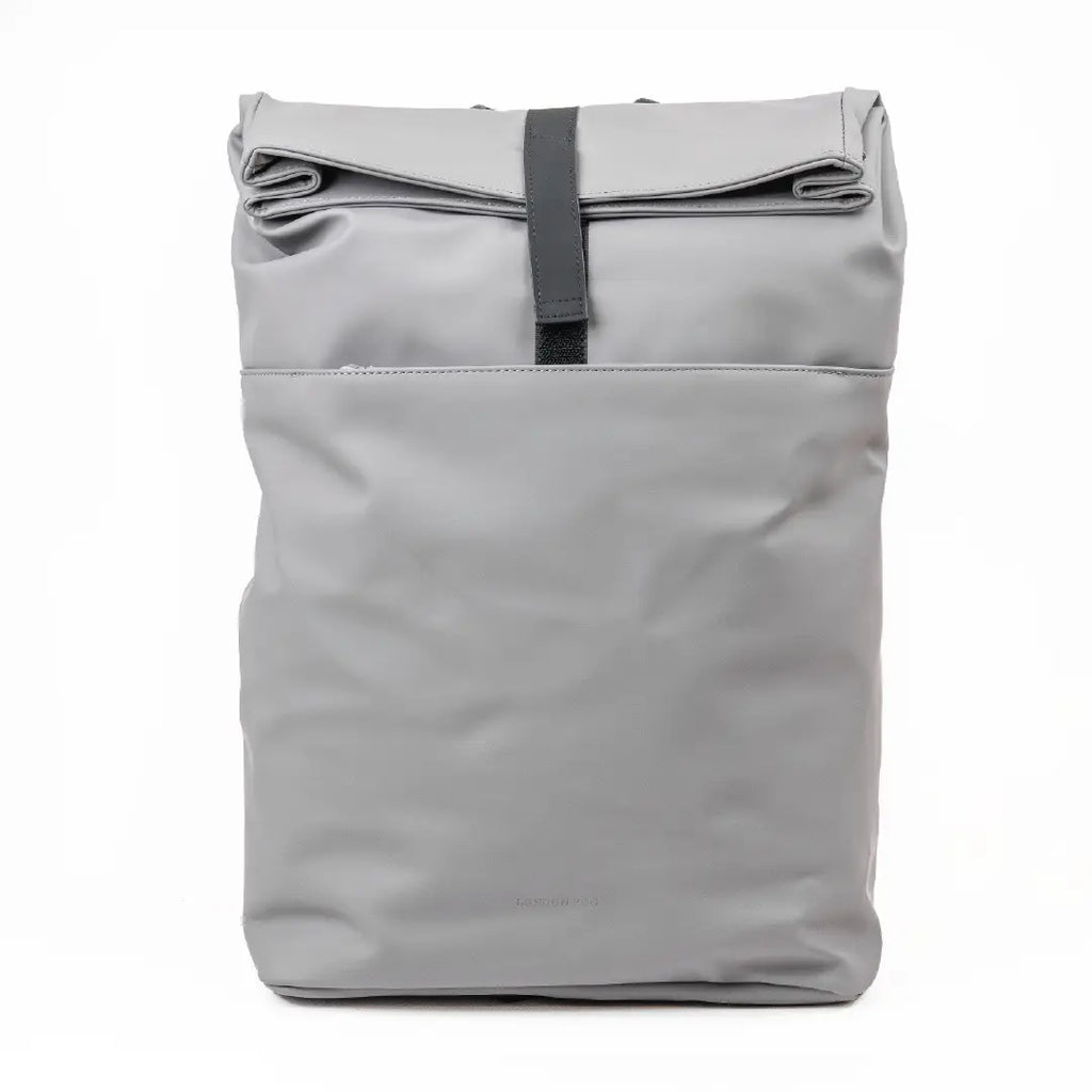 Gray roll-top backpack on a white background