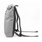 Gray backpack with black straps on a white background