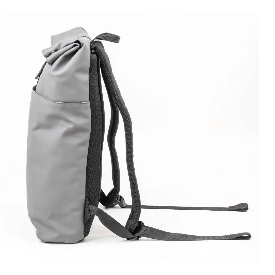 Gray backpack with black straps on a white background