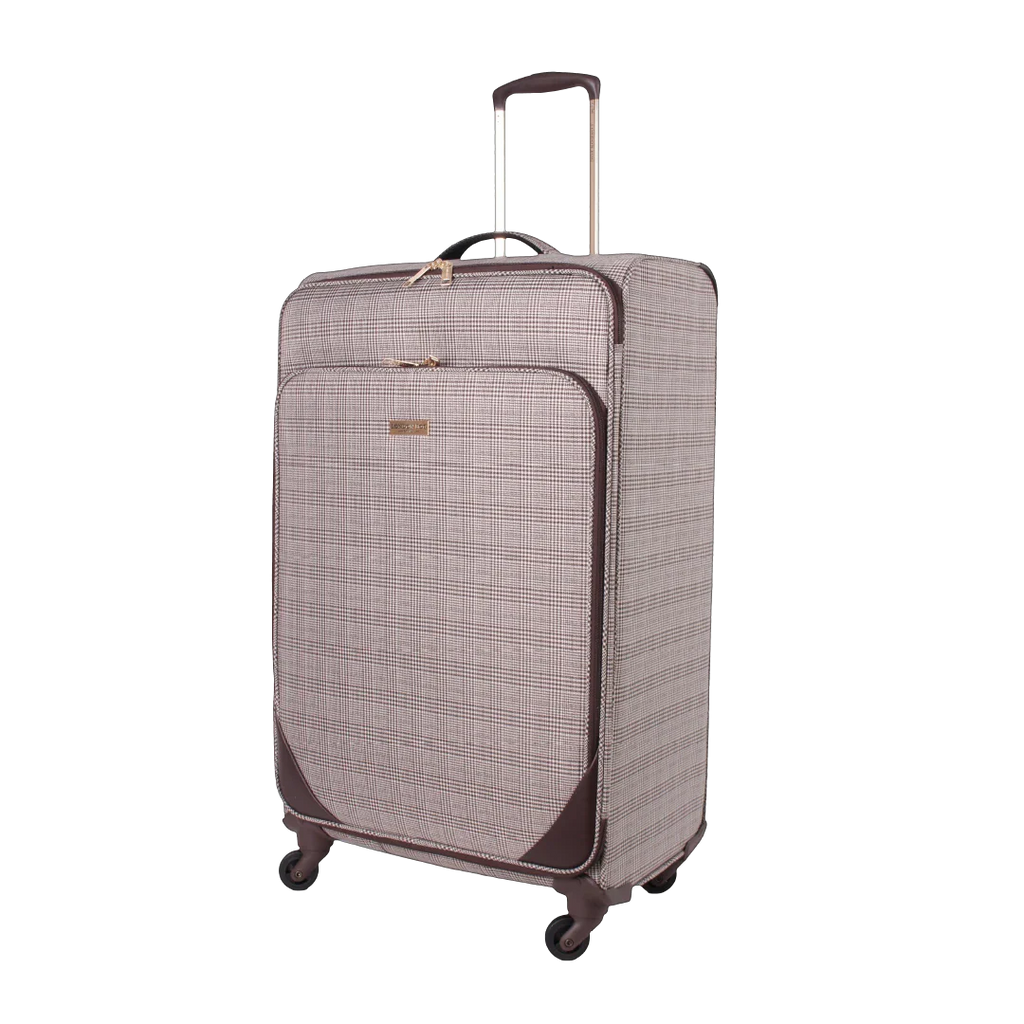 Checkered patterned suitcase on a white background