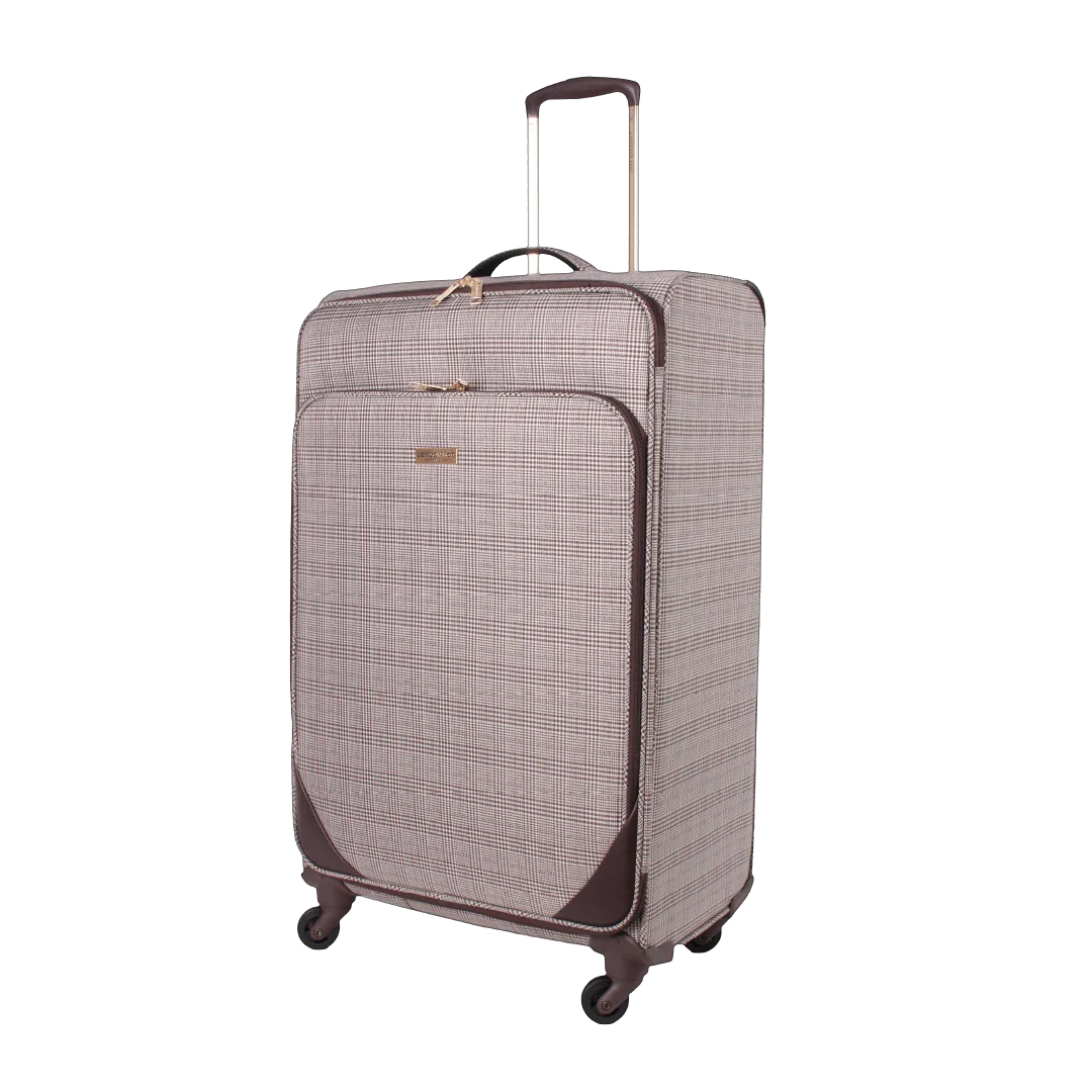 Checkered patterned suitcase on a white background
