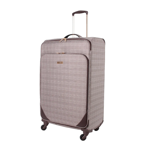 Checkered patterned suitcase on a white background