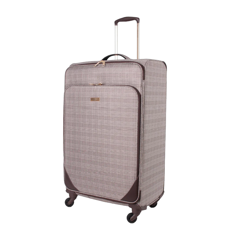 Checkered patterned suitcase on a white background