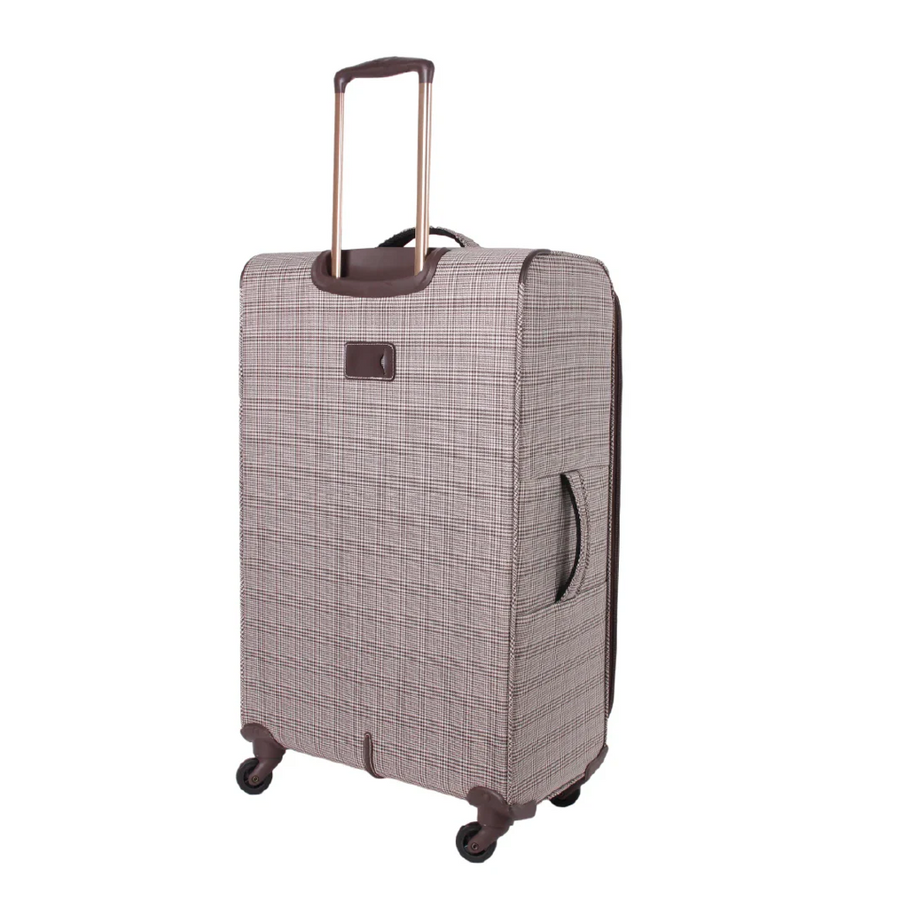 Checkered suitcase with wheels on a white background