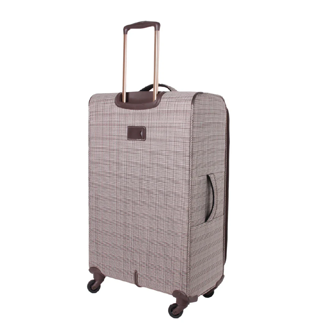 Checkered suitcase with wheels on a white background