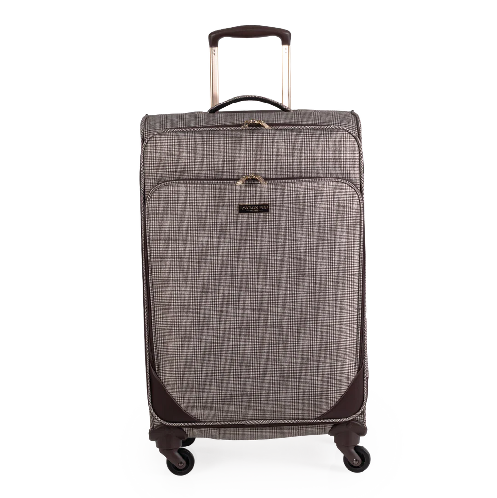 Checkered patterned suitcase on a white background